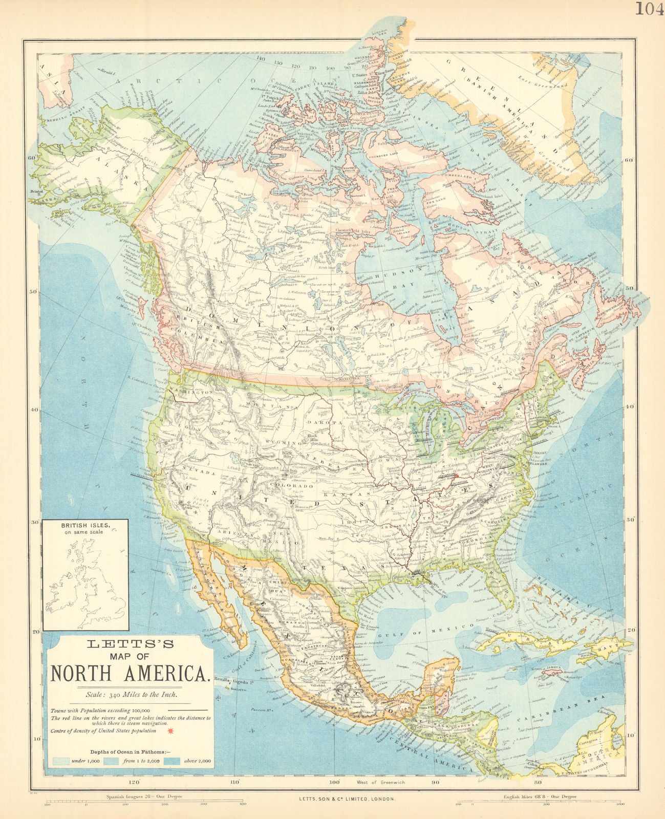 NORTH AMERICA. Red=steamboat routes on Mississippi & Great Lakes. LETTS 1892 map